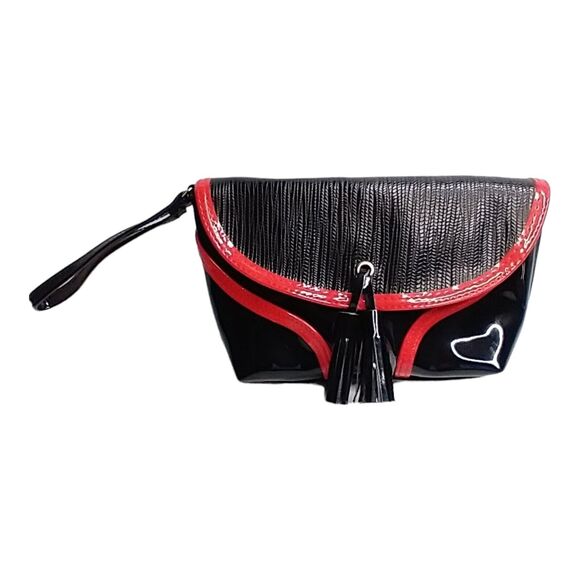 Elizabeth Arden Patent Leather Black Cosmetic Bag Purse w Mirror Red Trim - Picture 7 of 12